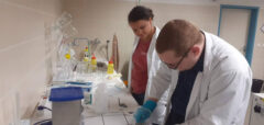 Austin Peay State University students Destiny Mathews, left, and Peyton Simpson conduct research in a lab at the University of Pardubice in the Czech Republic. (APSU)