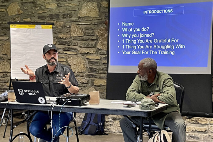 Program facilitators Josh Goldberg, left, and Christian Lamont, lead an introductory post-traumatic growth session for staff members of the Fort Campbell Soldier Recovery Unit on Fort Campbell, Kentucky, August 2nd. The unit has begun a new pilot program for the Army Recovery Care Program, highlighting post-traumatic growth and positive growth through struggle. Staff were the first to complete the training in order to understand the concepts and incorporate as appropriate both personally and within the unit. (U.S. Army photo by Maria Yager)