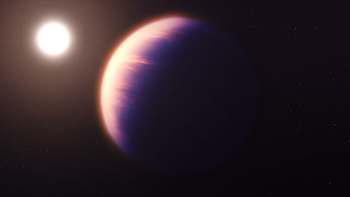 This illustration shows what exoplanet WASP-39 b could look like, based on current understanding of the planet. WASP-39 b is a hot, puffy gas giant with a mass 0.28 times Jupiter (0.94 times Saturn) and a diameter 1.3 times greater than Jupiter. (NASA, ESA, CSA, Joseph Olmsted (STScI))