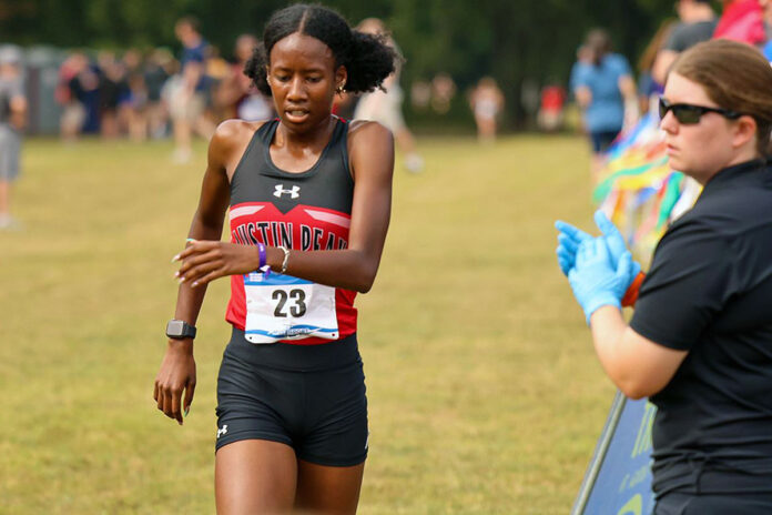 Austin Peay State University Women's Cross County's Mikaela Smith crosses the finish line in Friday's Belmont Opener. (APSU Sports Information)