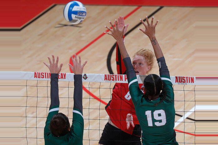 Austin Peay State University Volleyball's Tegan Seyring gets a kill in the first set, Friday, against Jacksonville at the Dunn Center. (Robert Smith, APSU Sports Information)