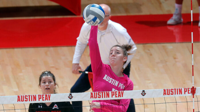 Austin Peay State University Women's Volleyball loses to Lipscomb in five sets to open homestand. (Robert Smith, APSU Sports Information)