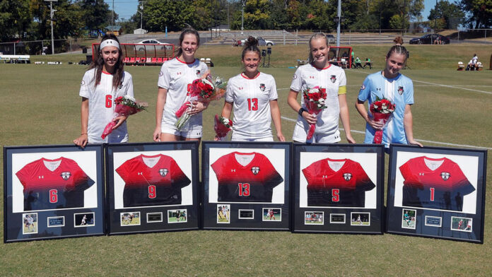 Austin Peay State University Soccer honored seniors (L to R) Jisela Dall, Marli Niederhauser, Anna McPhie, Karley Roberts and Chloé Dion before Sunday's match with Eastern Kentucky. (Robert Smith, APSU Sports Information)