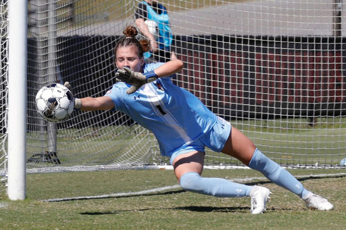 Austin Peay State University Soccer's goalkeeper Chloé Dion earns season’s sixth shutout in scoreless draw against Florida Gulf Coast Sunday afternoon. (Robert Smith, APSU Sports Information)