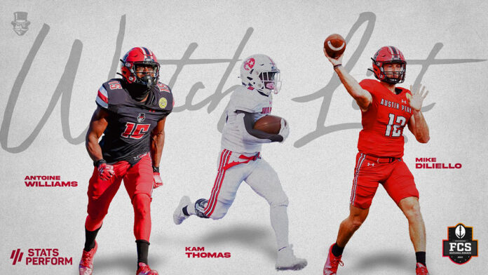 Austin Peay State University Football's Mike DiLiello, Kam Thomas, Antoine Williams named to Stats Perform Midseason Watch Lists. (APSU Sports Information)