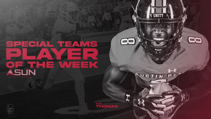 Austin Peay State University Football's Kam Thomas named ASUN Special Teams Player of the Week. (APSU Sports Information)