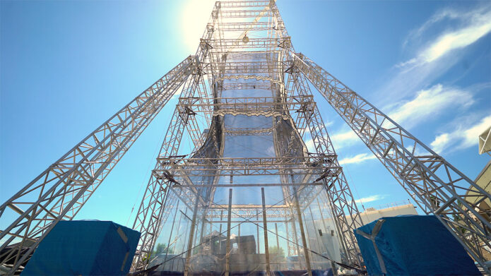 This drop tower at JPL includes a bow launch system, which can hurl test articles 110 mph into the ground, re-creating the forces they would experience during a Mars landing. (NASA/JPL-Caltech)