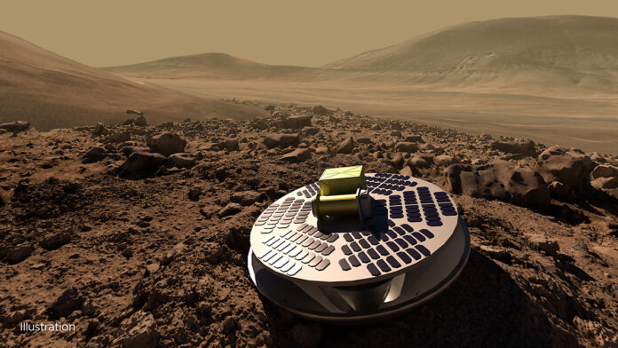 An illustration of SHIELD, a Mars lander concept that would allow lower-cost missions to reach the Red Planet’s surface by safely crash landing, using a collapsible base to absorb the impact. (California Academy of Sciences)