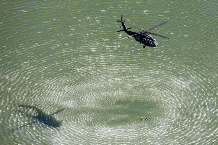 The Tennessee Helicopter Aquatic Rescue Team partnered with Humphreys County Emergency Management Agency and other local and state first responders during a joint search and rescue exercise, October 19th, on Kentucky Lake. (Capt. Kealy Moriarty, Tennessee National Guard Public Affairs Office)