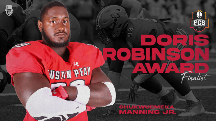 Austin Peay State University Football's Chukwuemeka Manning Jr. named finalist for Stats Perform Doris Robinson Award. (APSU Sports Information)