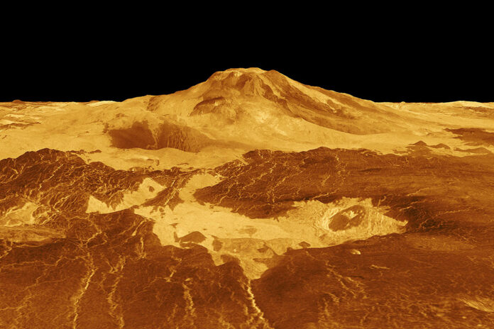 Maat Mons is displayed in this computer-generated, three-dimensional perspective of the surface of Venus. The viewpoint is located 634 kilometers (393 miles) north of Maat Mons at an elevation of 3 kilometers (2 miles) above the terrain. Lava flows extend for hundreds of kilometers across the fractured plains shown in the foreground, to the base of Maat Mons. NASA Magellan mission synthetic aperture radar data is combined with radar altimetry to develop a three-dimensional map of the surface. The vertical scale in this perspective has been exaggerated 10 times. (NASA/JPL)