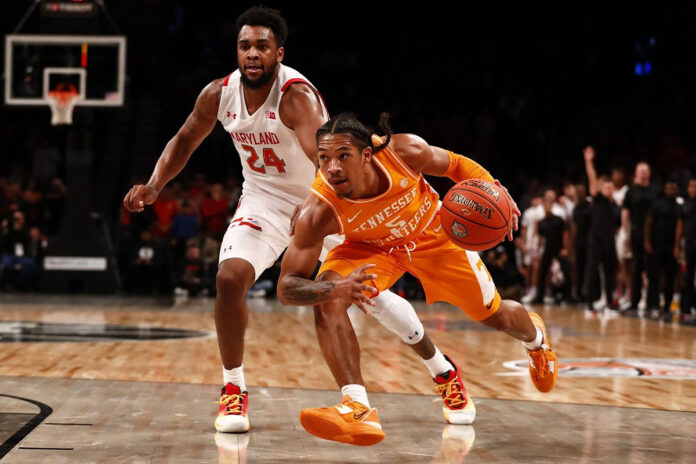 Tennessee Men's Basketball sophomore Zakai Zeigler has 12 points including two 3 pointers in victory over #13 Maryland in Barclays Center. (UT Athletics)