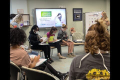 Centering Pregnancy participants complete paperwork before learning about prenatal nutrition during their initial centering session at Blanchfield Army Community Hospital, Fort Campbell, Kentucky, Oct. 25. Centering is a prenatal care model that brings pregnant women together in healthcare groups of eight to 12 women, for 10, two hour-sessions to share in their pregnancy journey, guided by their healthcare team. (Maria Yager, Department of Defense)