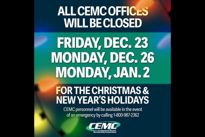 CEMC to be closed December 23rd, Decemvber 26th for the Christmas Holiday