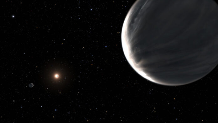 In this illustration, exoplanet Kepler-138 d is in the foreground and Kepler-138 c is on the left. In the background, Kepler 138 b is passing in front of its parent star. The low densities of Kepler-138 c and Kepler-138 d indicate that they must be composed largely of water. (NASA, ESA, Leah Hustak (STScI))