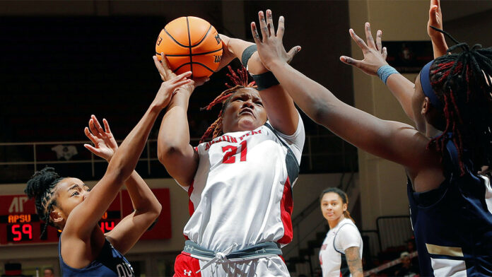 Shamarre Hale’s double-double leads Austin Peay State University Women's Basketball in wire-to-wire win against Queens. (Robert Smith, APSU Sports Information)