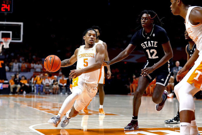Tennessee Vols Basketball sophomore Zakai Zeigler had 11 points and 10 rebounds in win over Mississippi State Tuesday night. (UT Athletics)