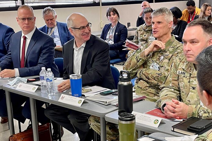 BACH Commander and DHA Southwest Kentucky Market Director Col. Vincent B. Myers, welcomed national, regional, and local Veterans Health Administration officials to Fort Campbell, Kentucky, Jan. 19, to firm up resource sharing agreements that strengthen readiness and enhance healthcare delivery. One topic focused on opening an outpatient VA Health Clinic at BACH to help support the nearby Veteran population as well as Veterans employed on post. (Maria Yager, Department of Defense)