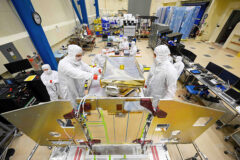 Engineers work on the JPL-developed High-resolution Volatiles and Minerals Moon Mapper (HVM3) for NASA’s Lunar Trailblazer spacecraft in a clean room at Lockheed Martin Space in Littleton, Colorado, in December 2022. (Lockheed Martin Space)