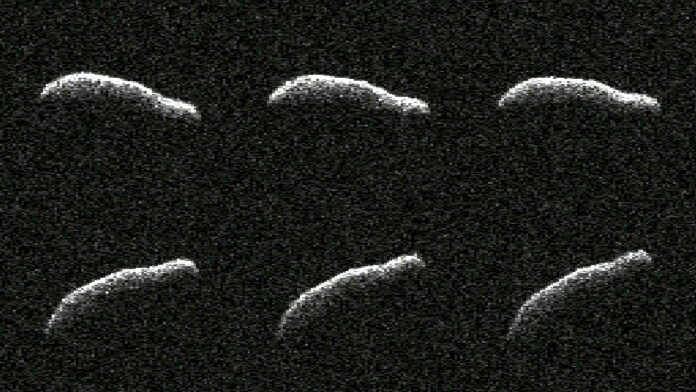 This collage shows six planetary radar observations of 2011 AG5 a day after the asteroid made its close approach to Earth on Feb. 3. With dimensions comparable to the Empire State Building, 2011 AG5 is one of the most elongated asteroids to be observed by planetary radar to date. (NASA/JPL-Caltech)