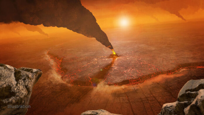 This illustration of the large Quetzalpetlatl Corona located in Venus’ southern hemisphere depicts active volcanism and a subduction zone, where the foreground crust plunges into the planet’s interior. A new study suggests coronae reveal locations where active geology is shaping Venus’ surface. (NASA/JPL-Caltech/Peter Rubin)