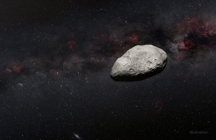 This illustration depicts an asteroid that has been detected by a team of European astronomers using NASA’s James Webb Space Telescope. At 300 to 650 feet (100 to 200 meters) in length, it’s roughly the size of Rome’s Colosseum. (N. Bartmann (ESA/Webb), ESO/M. Kornmesser and S. Brunier, N. Risinger (skysurvey.org))