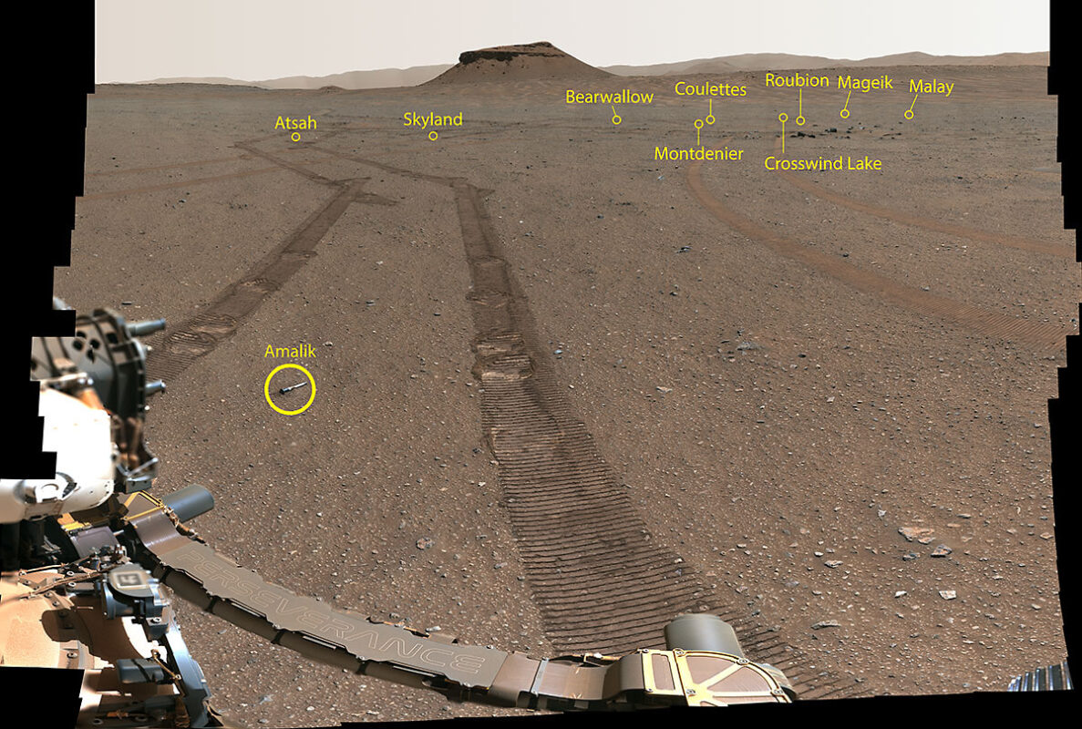 An annotated version of the portrait captured by NASA’s Perseverance shows the location of the 10 sample tubes in the depot. The “Amalik” sample closest to the rover was about 10 feet (3 meters) away; the “Mageik” and “Malay” samples farthest away were approximately 197 feet (60 meters) from the rover. (NASA/JPL-Caltech/ASU/MSSS)