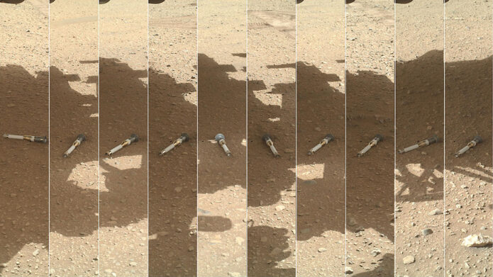 This photomontage shows each of the sample tubes deposited by NASA's Perseverance Mars rover at the Three Forks sample depot, as viewed by the WATSON camera on the end of the rover's robotic arm. (NASA/JPL-Caltech/MSSS)