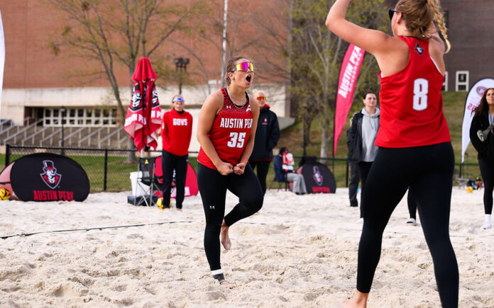 Austin Peay State University Beach Volleyball rallies in first match, sweep second for perfect day at Governors Beach Challenge. (Maddie Rose, APSU Sports Information)