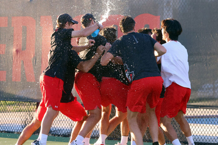 Thiago Nogueira clinches Austin Peay State University Men's Tennis’ first ASUN win in dramatic fashion. (Alex Allard, APSU Sports Information)