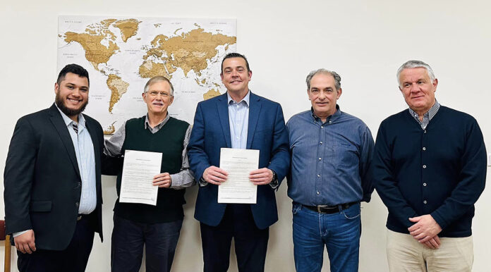 (L to R) Remy Powell, Director CCS AgScience Institute, Dr. Jeff Lansdale, President, American Farm School, Dr. Brad Moser, CCS President, Dr. Evangelos Vergos, VP, American Farm School, Dr. Kostantinos Rotsios, Dean, Perrotis College.