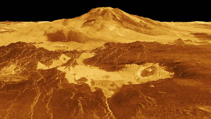 This computer-generated 3D model of Venus’ surface shows the summit of Maat Mons, the volcano that is exhibiting signs of activity. A new study found one of Maat Mons’ vents became enlarged and changed shape over an eight-month period in 1991, indicating an eruptive event occurred. (NASA/JPL-Caltech)
