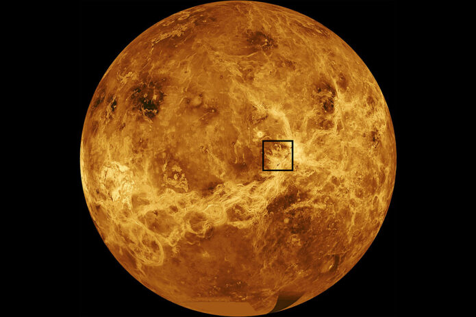 This annotated, computer-simulated global map of Venus’ surface is assembled from data from NASA’s Magellan and Pioneer Venus Orbiter missions. Maat Mons, the volcano that has exhibited signs of a recent eruption, is within the black square near the planet’s equator. (NASA/JPL-Caltech)