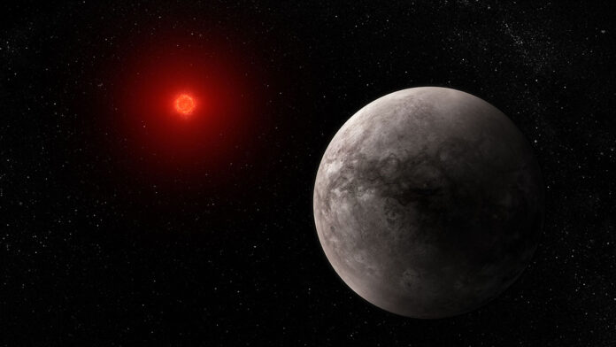 This illustration shows what the hot rocky exoplanet TRAPPIST-1 b could look like based on this work. TRAPPIST-1 b, the innermost of seven known planets in the TRAPPIST-1 system, orbits its star at a distance of 0.011 AU, completing one circuit in just 1.51 Earth-days. TRAPPIST-1 b is slightly larger than Earth, but has around the same density, which indicates that it must have a rocky composition. Webb’s measurement of mid-infrared light given off by TRAPPIST-1 b suggests that the planet does not have any substantial atmosphere. The star, TRAPPIST-1, is an ultracool red dwarf (M dwarf) with a temperature of only 2,566 kelvins and a mass just 0.09 times the mass of the Sun. This illustration is based on new data gathered by Webb’s Mid-Infrared Instrument (MIRI) as well as previous observations from other ground- and space-based telescopes. Webb has not captured any images of the planet. (NASA, ESA, CSA, J. Olmsted (STScI))