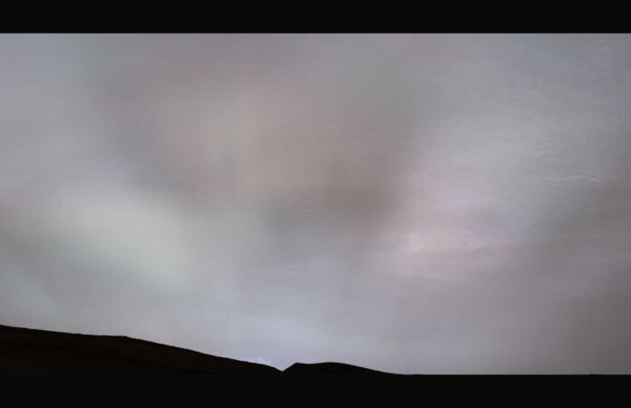 NASA’s Curiosity Mars rover captured these “sun rays” shining through clouds at sunset on Feb. 2, 2023, the 3,730th Martian day, or sol, of the mission. It was the first time that sun rays, also known as crepuscular rays, have been viewed so clearly on Mars. (NASA/JPL-Caltech/MSSS)