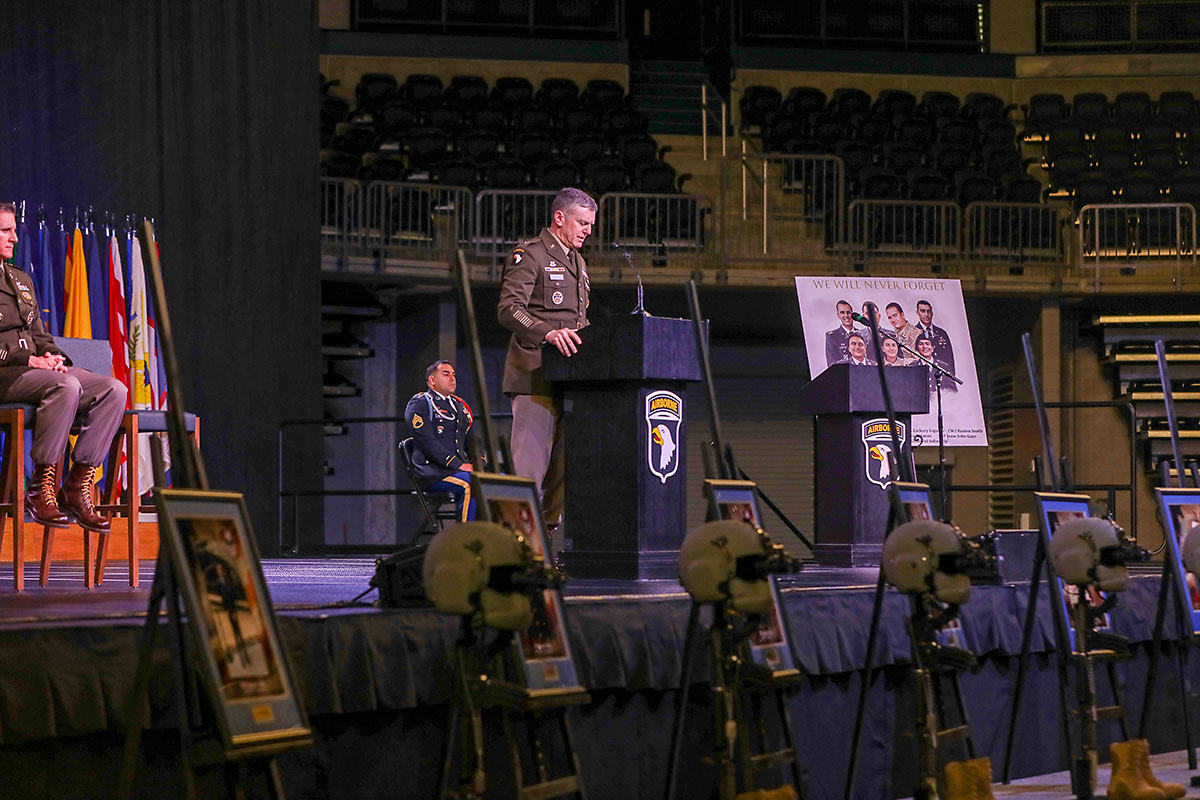 Maj. Gen. JP McGee, commanding general of the 101st Airborne Division (Air Assault), delivers remarks during a memorial ceremony April 13th, 2023, in Clarksville, Tenn. The ceremony was held to honor the nine Soldiers from Charlie Company, 6th Battalion, 101st Combat Aviation Brigade, killed in a helicopter accident March 29th, 2023. (Sgt. Andrea Notter, 101st Airborne Division) Maj. Gen. JP McGee, commanding general of the 101st Airborne Division (Air Assault), delivers remarks during a memorial ceremony April 13th, 2023, in Clarksville, Tenn. The ceremony was held to honor the nine Soldiers from Charlie Company, 6th Battalion, 101st Combat Aviation Brigade, killed in a helicopter accident March 29th, 2023. (Sgt. Andrea Notter, 101st Airborne Division)
