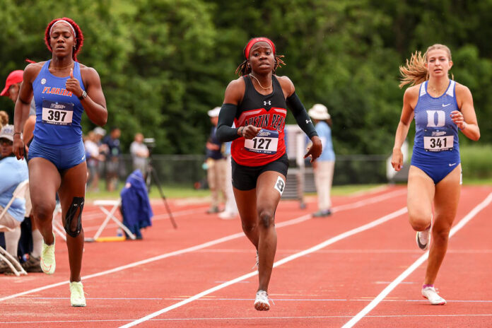 Austin Peay State University Track and Field senior Kenisha Phillips wins 400-meter dash on Day Two at Ole Miss. (Eric Elliot, APSU Sports Information)