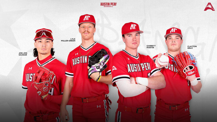 Austin Peay State University Baseball's Garrett Martin, Lyle Miller-Green, Clayton Gray, Jon Jon Gazdar receive ASUN recognition. (APSU Sports Information)