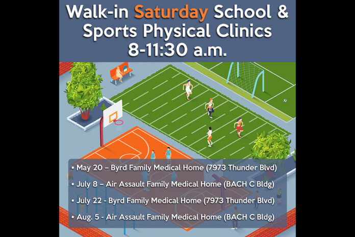 Blanchfield Army Community Hospital conducts walk-in school and sports physical clinics on four Saturdays, 8:30am-11:30am beginning May 20th. (Illustration by Justin A. Moeller, BACH Public Affairs)