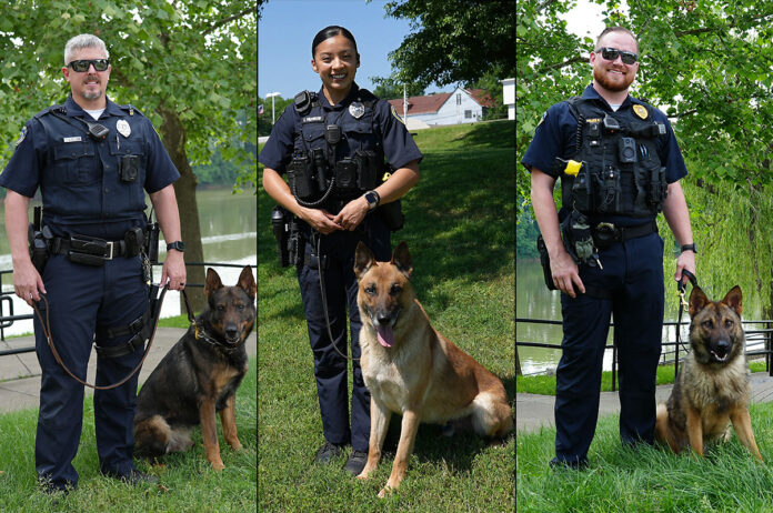 (L to R) Clarksville Police Officer Goodman & K9 Joker, Officer Pacheco & K9 Riggs, and Officer Deering & K9 Rizzo.