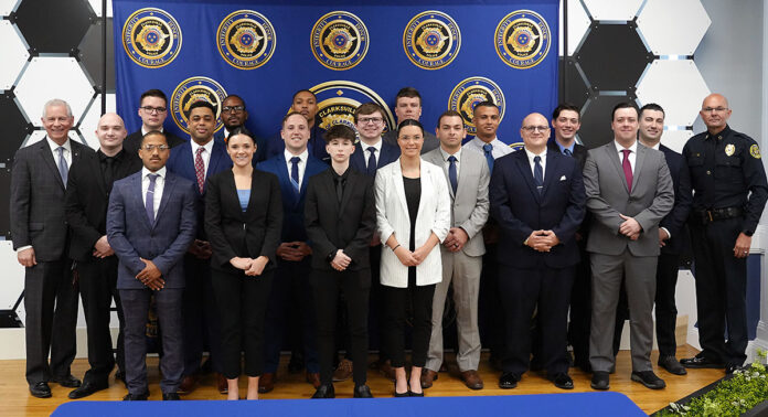 (L-R) Front Row: Corey Reeves, Jordan Bunting, Jordan Marress, and Samantha Mazula. Second Row: Dylan Johnson, Devin Graham, Joseph Turk, Matthew Horn, Andy Gonzalez, Troy Deforge, Brandon Wirtz. Third Row: Clarksville Mayor Joe Pitts, Austin Green, Terry Blackburn, Marquez Clark, Zackary Gibbons, Shawn King, Cole Carbaugh, John Stover, and Chief David Crockarell