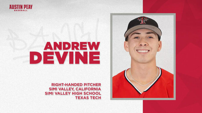 Austin Peay State University Baseball signs transfer pitcher Andrew Devine. (APSU Sports Information)