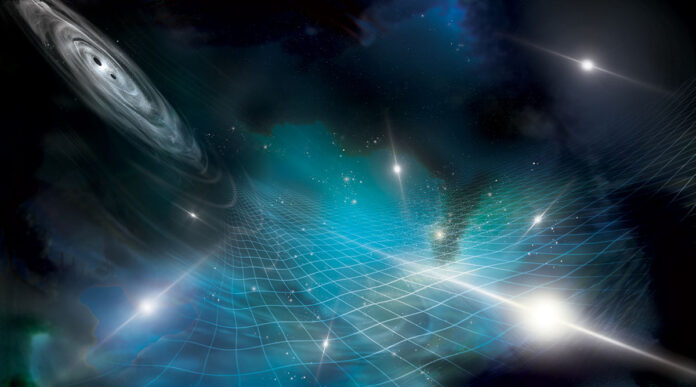 This artist’s concept shows stars, black holes, and nebula laid over a grid representing the fabric of space-time. Ripples in this fabric are called gravitational waves. The NANOGrav collaboration detected evidence of gravitational waves created by black holes billions of times the mass of the Sun. (NANOGrav collaboration; Aurore Simonet)