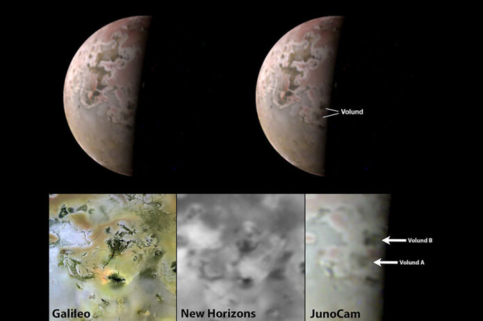At top and bottom right, JunoCam images taken in May 2023 of Jupiter’s moon Io show lava fields surrounding volcanoes Volund A and B appear to be growing in size. Previous NASA spacecraft imaged the same region in 1996, bottom left, and 2007, bottom center. (Galileo: NASA/JPL/University of Arizona. New Horizons: NASA/JHUAPL/SWRI. Juno: Image data: NASA/JPL-Caltech/SwRI/MSSS. Image processing: Jason Perry (CC BY))