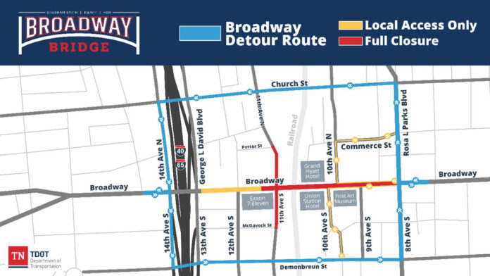 Nashville's Broadway Bridge Detour Map
