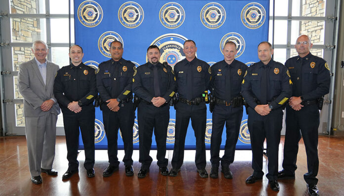 Clarksville Mayor Mayor Joe Pitts, Lt. Cunningham, Lt. Bing, Sgt. Szczerbiak, Sgt. Pequignot, Sgt. Evans, Sgt. Hurst, and Clarksville Police Chief David Crockarell.