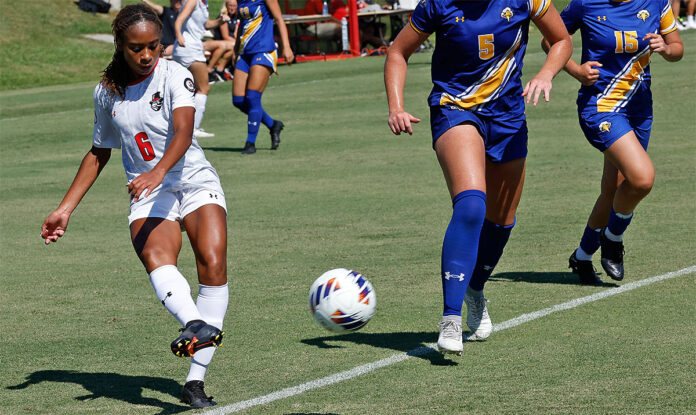 Austin Peay State University Soccer fresham Aniyah Mack nets third straight in 2-1 win against Morehead State. (Robert Smith, APSU Sports Information)