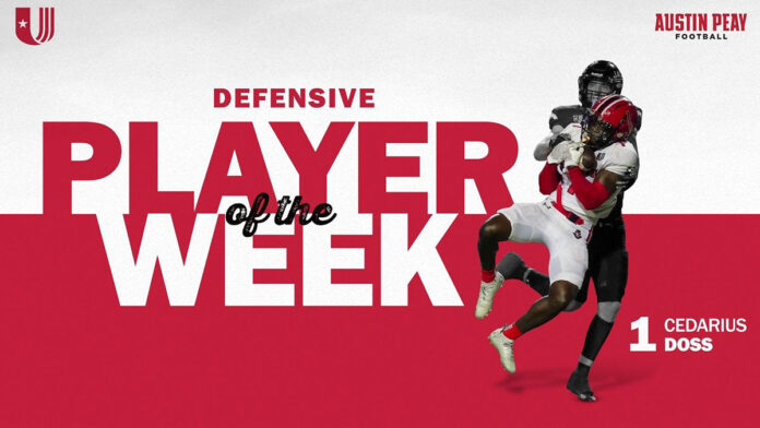 Austin Peay State University Football's Cedarius Doss earns UAC Defensive Player of the Week honor. (APSU Sports Information)