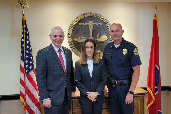 (L-R) Clarksville Mayor Joe Pitts, Officer Jasmine Campos, and Clarksville Police Chief Crockarell.