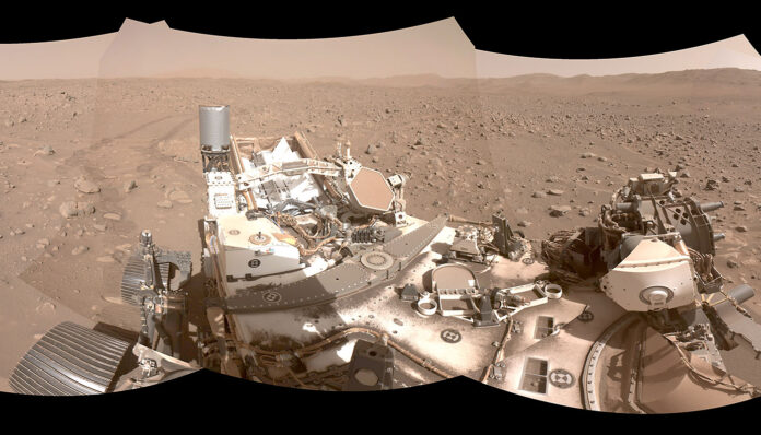This mosaic shows part of the path NASA’s Perseverance Mars rover took through a portion of a boulder field dubbed “Snowdrift Peak.” With the help of its self-driving autonomous navigation system, AutoNav, Perseverance traversed the field much more quickly than previous rovers could have. (NASA/JPL-Caltech)